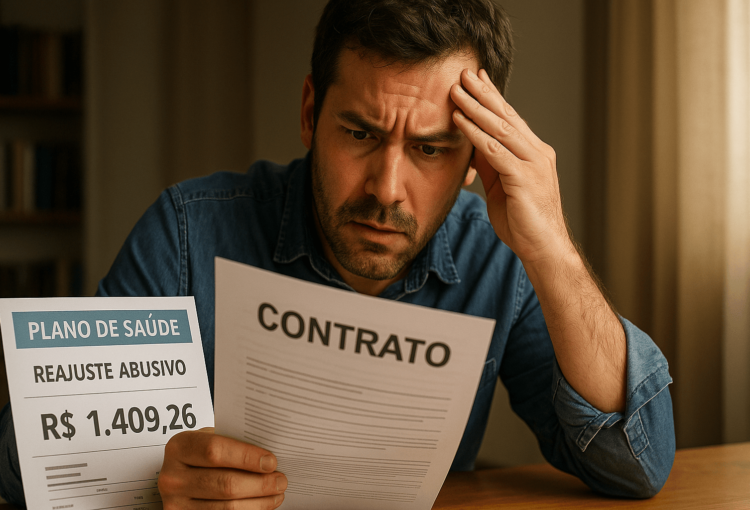 Homem analisando contrato com expressão preocupada devido a aumento abusivo de seu plano de saúde.