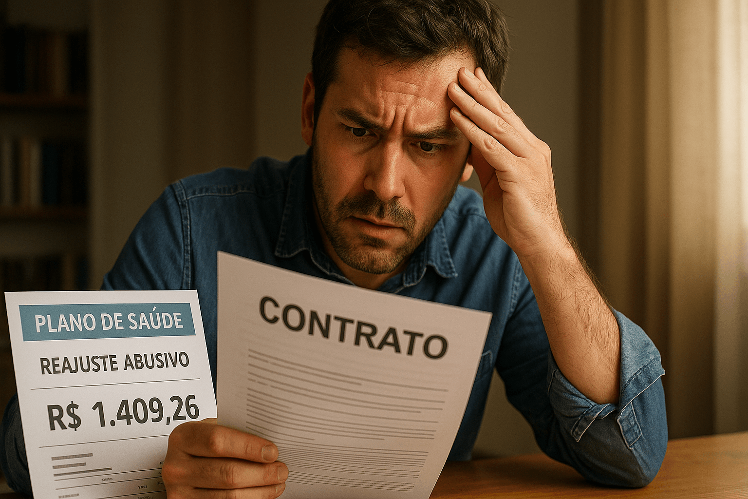 Homem analisando contrato com expressão preocupada devido a aumento abusivo de seu plano de saúde.