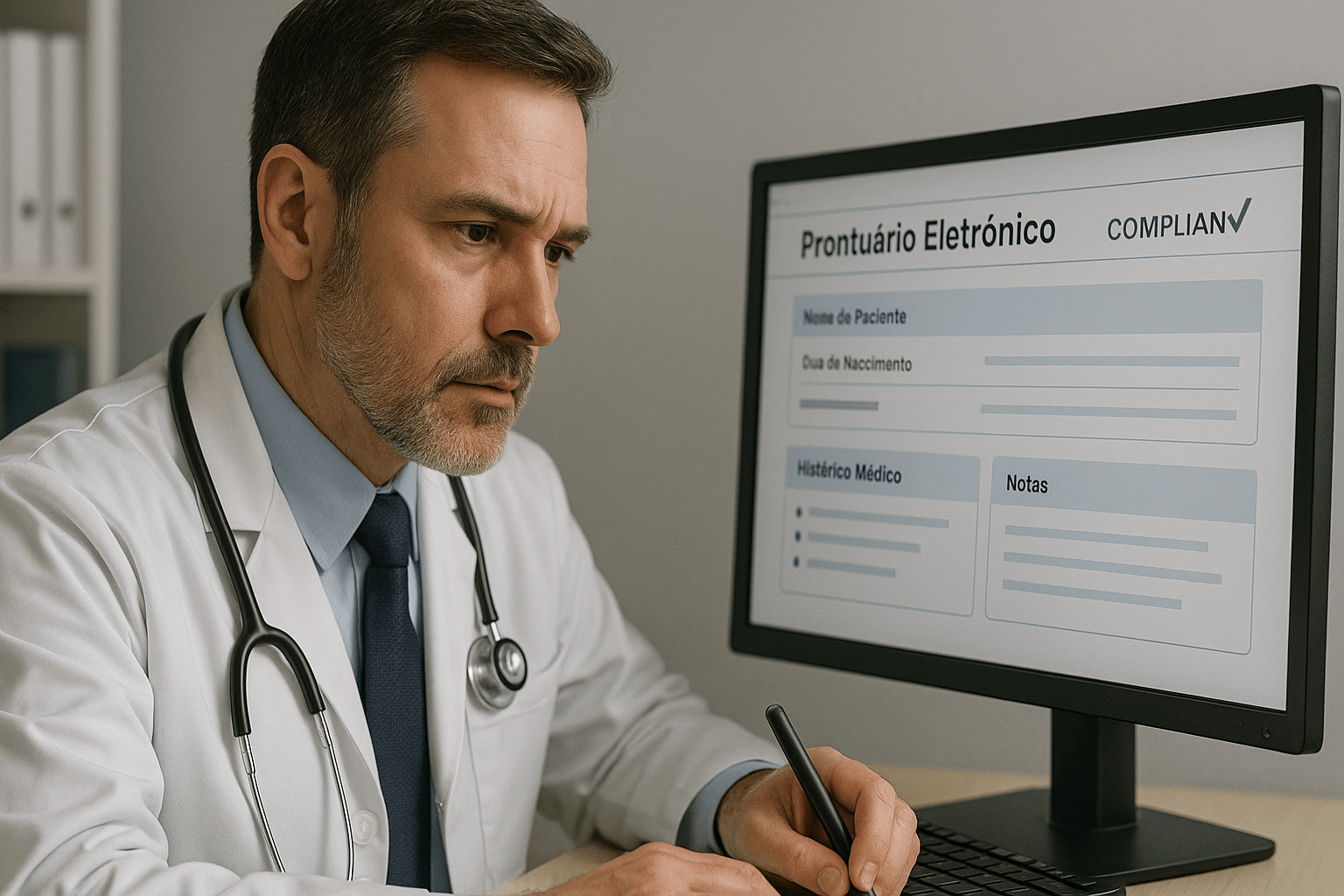 Médico usando computador para registrar informações com atenção, simbolizando a aplicação do compliance jurídico na prática médica.