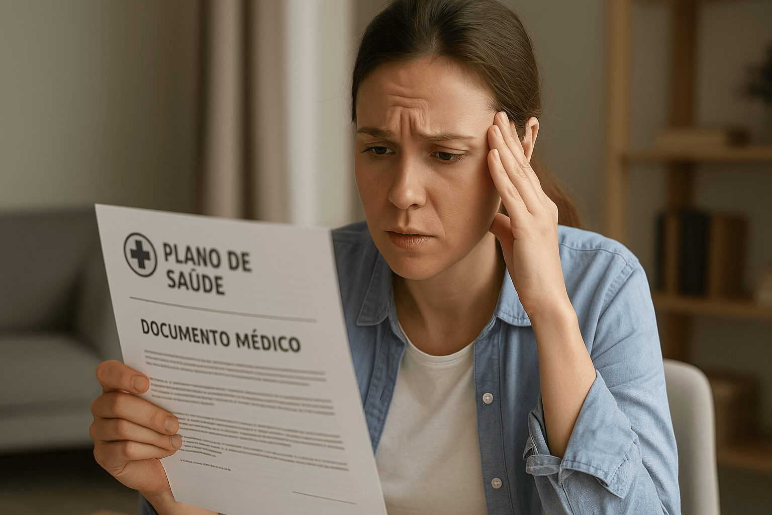 Paciente com expressão preocupada segurando documento médico, representando a judicialização da saúde contra planos de saúde