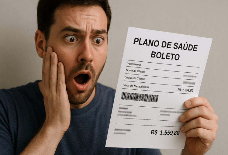 Pessoa segurando boleto de plano de saúde com expressão de surpresa, representando o impacto de reajustes abusivos nas mensalidades.