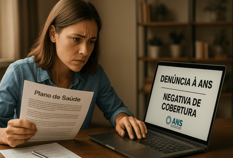 Mulher jovem registra denúncia contra plano de saúde à ANS, representando o direito de denunciar plano à ANS em caso de negativa de cobertura.