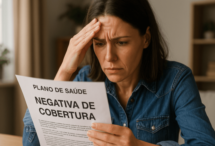 Mulher preocupada lendo negativa de cobertura do plano de saúde, segurando o documento com expressão de frustração.