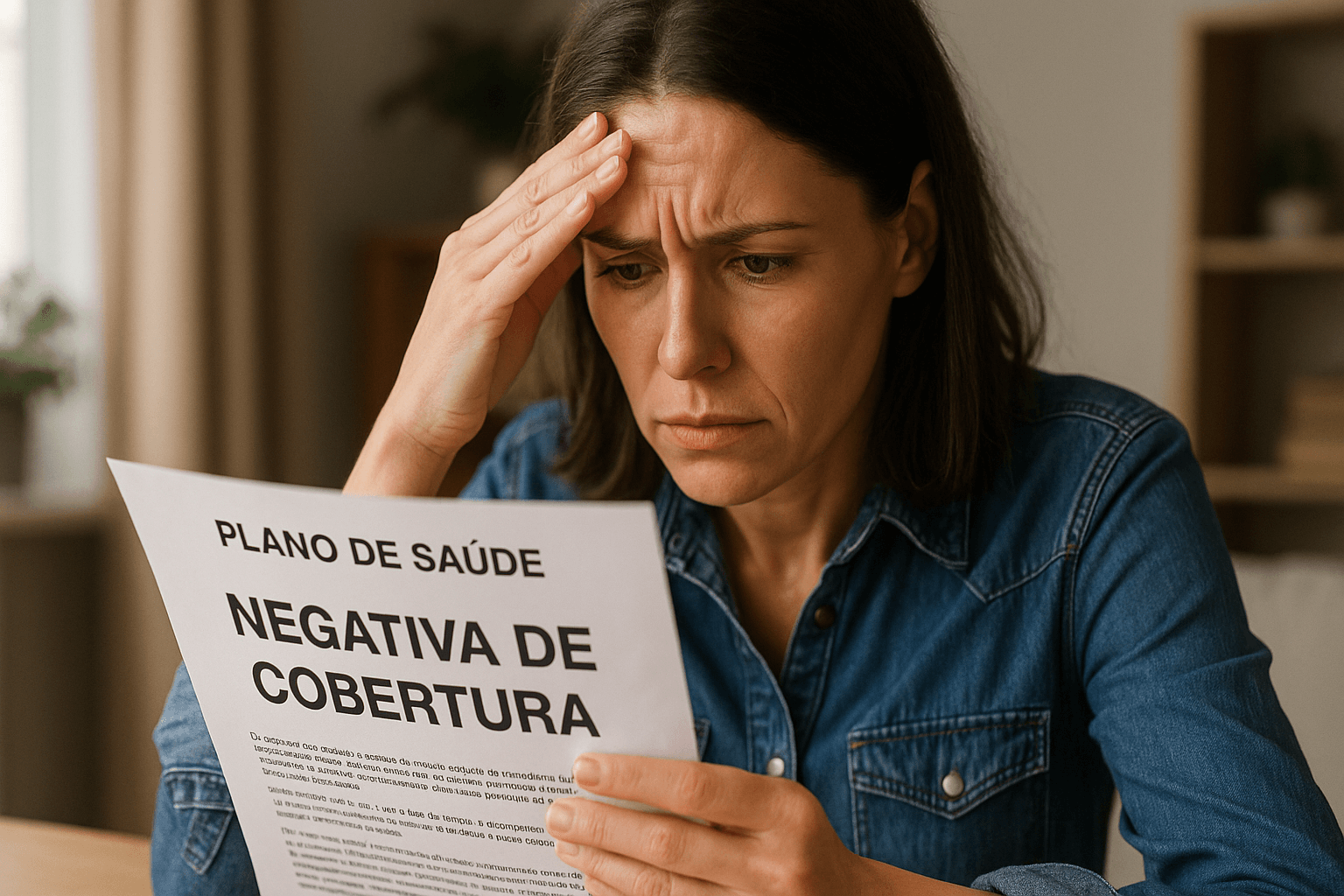 Mulher preocupada lendo negativa de cobertura do plano de saúde, segurando o documento com expressão de frustração.