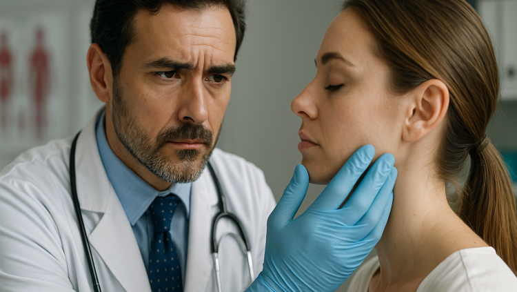 Médico examina paciente durante consulta, ilustrando situação que pode envolver obrigação de resultado em cirurgia estética.
