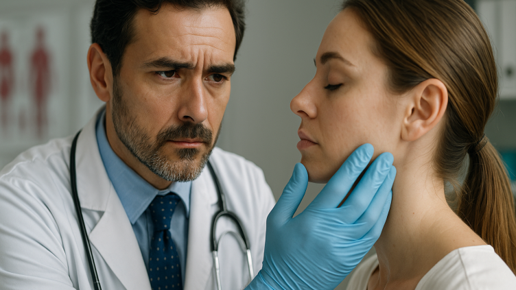 Médico examina paciente durante consulta, ilustrando situação que pode envolver obrigação de resultado em cirurgia estética.