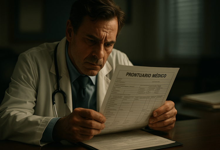 Médico analisa prontuário médico com atenção, reforçando sua importância como prova em defesa ética e judicial.