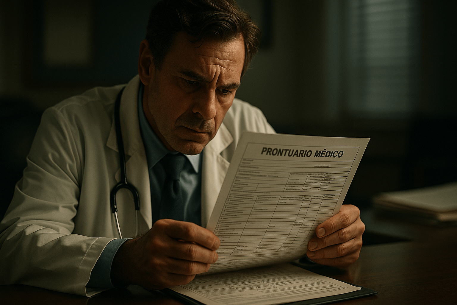 Médico analisa prontuário médico com atenção, reforçando sua importância como prova em defesa ética e judicial.