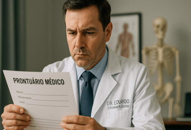 Médico cirurgião plástico em consultório analisando prontuário com expressão séria, simbolizando responsabilidade do médico em procedimentos estéticos.