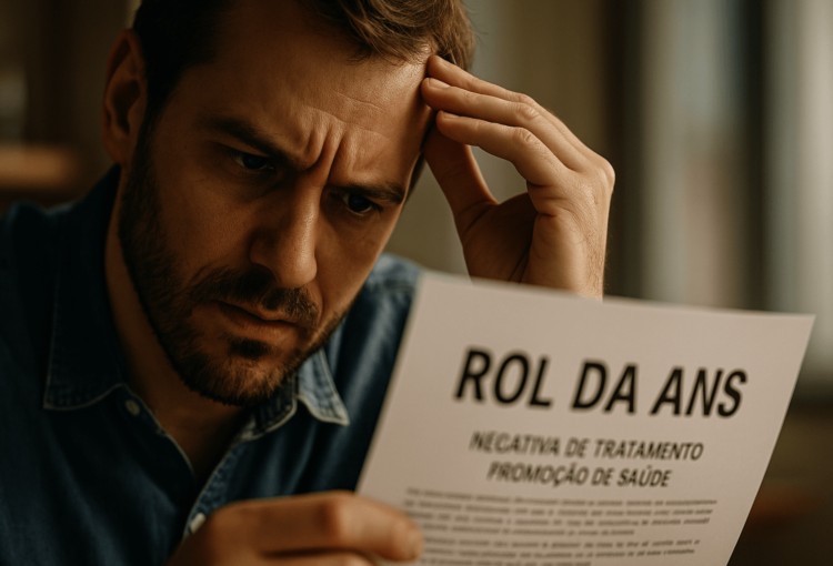 Paciente preocupado com a negativa de tratamento pelo plano de saúde, olhando para uma folha com o título "Rol da ANS".