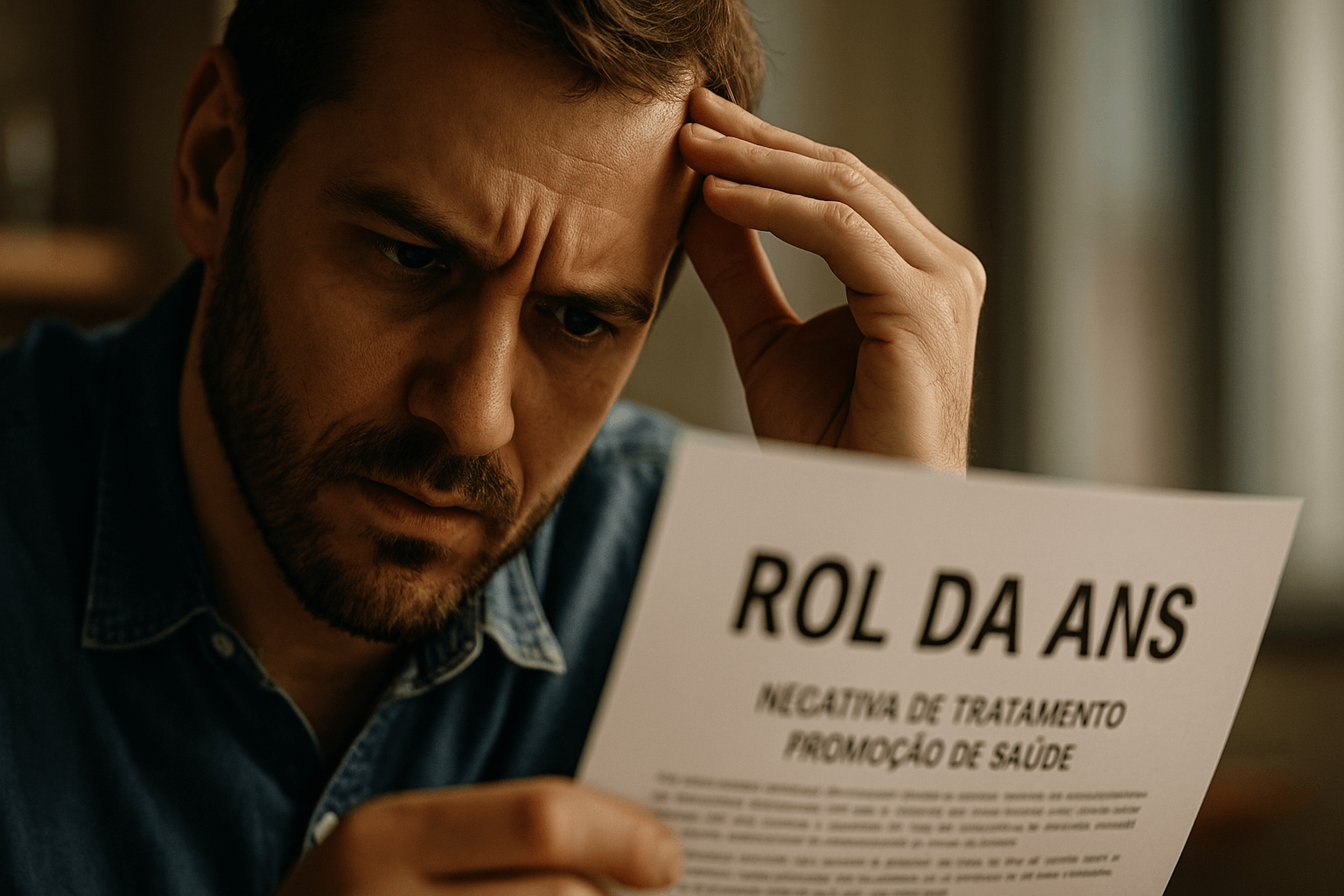 Paciente preocupado com a negativa de tratamento pelo plano de saúde, olhando para uma folha com o título "Rol da ANS".