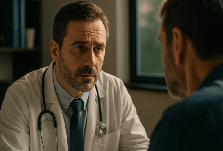 Médico escutando ativamente paciente em consultório, representando a importância da comunicação com o paciente para evitar ações judiciais.