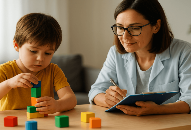 Criança com autismo durante sessão de terapia multidisciplinar, acompanhada por profissional da saúde em ambiente acolhedor.