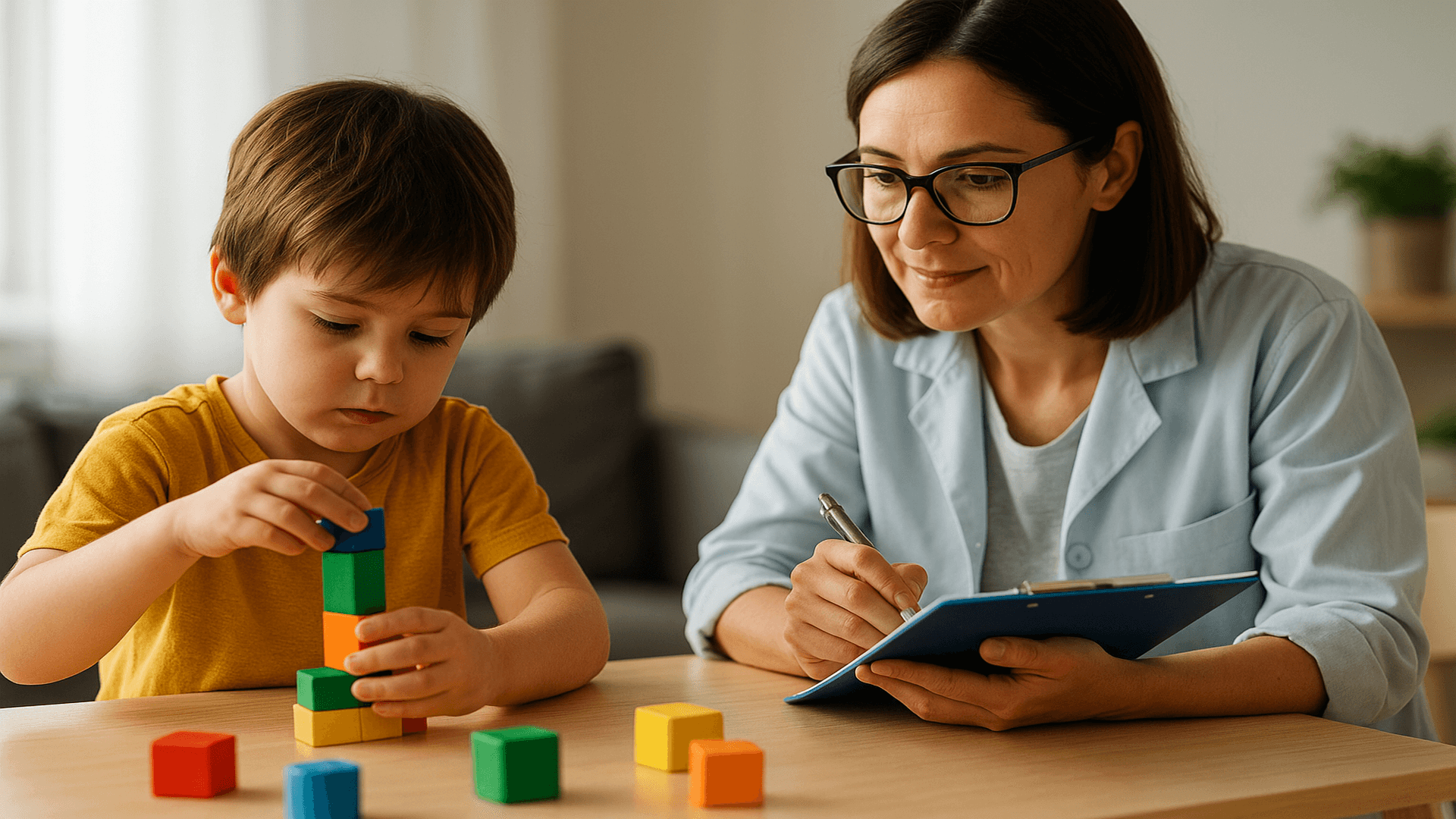 Criança com autismo durante sessão de terapia multidisciplinar, acompanhada por profissional da saúde em ambiente acolhedor.