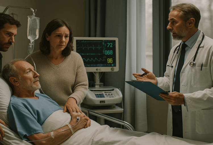 Paciente recebendo atendimento em hospital moderno, com familiares ao lado e equipe médica atenta, simbolizando a obrigação do plano de saúde em garantir continuidade do tratamento mesmo com o hospital descredenciado.