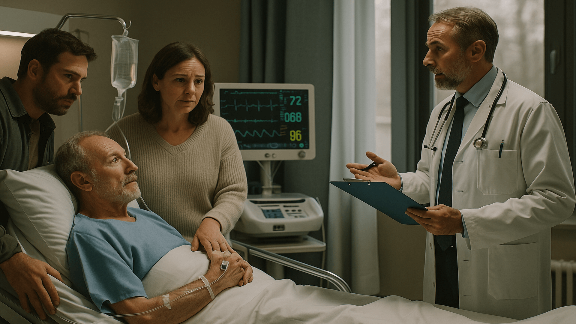 Paciente recebendo atendimento em hospital moderno, com familiares ao lado e equipe médica atenta, simbolizando a obrigação do plano de saúde em garantir continuidade do tratamento mesmo com o hospital descredenciado.
