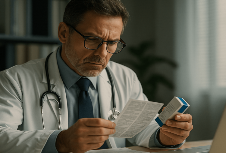 Médico analisando bula e prontuário durante prescrição, ilustrando a responsabilidade e os critérios na prescrição de medicamento off-label.