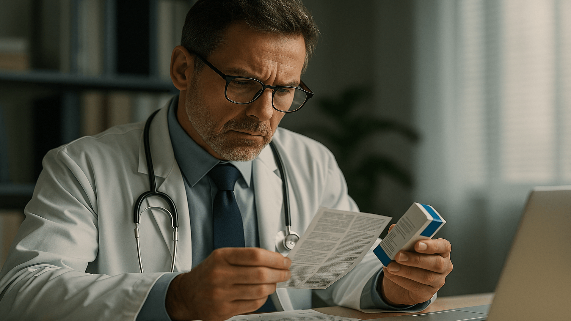 Médico analisando bula e prontuário durante prescrição, ilustrando a responsabilidade e os critérios na prescrição de medicamento off-label.