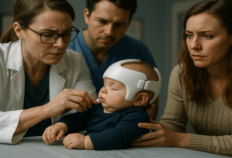Ajuste de órtese craniana para bebê, acompanhado por profissionais de saúde e pais atentos, ilustrando a importância da cobertura do plano de saúde para o tratamento.