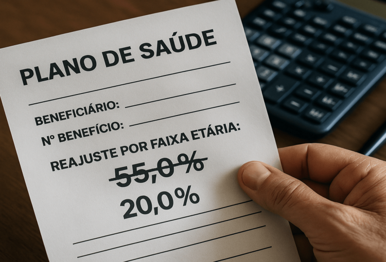 Documento de plano de saúde mostrando reajuste por faixa etária maior que o permitido, em destaque.