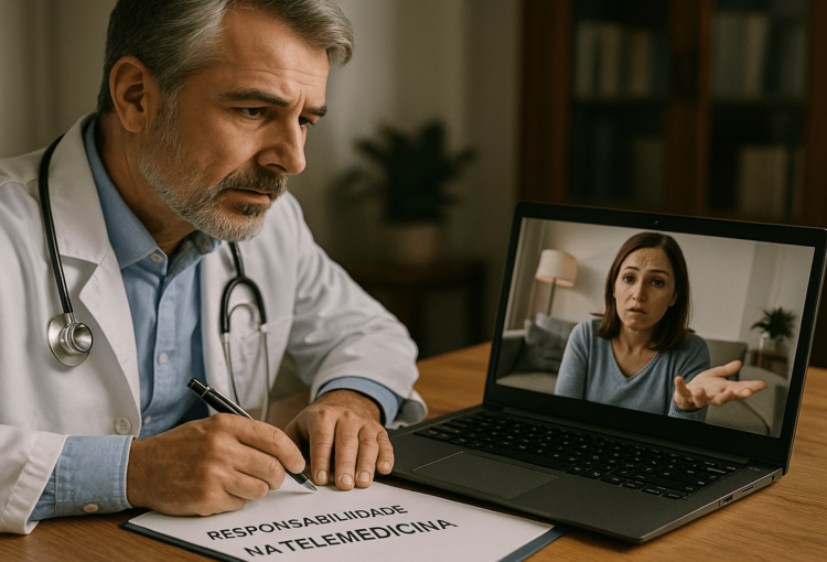 Médico atendendo paciente por videoconferência, representando desafios e cuidados com a responsabilidade civil na telemedicina.