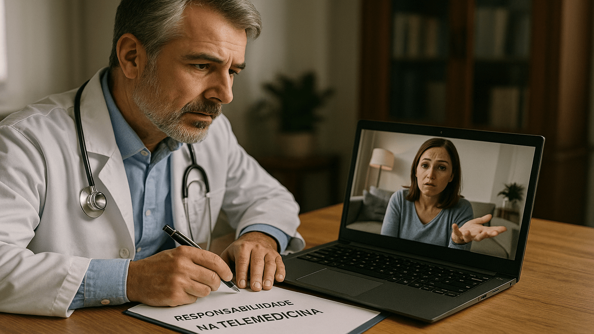 Médico atendendo paciente por videoconferência, representando desafios e cuidados com a responsabilidade civil na telemedicina.