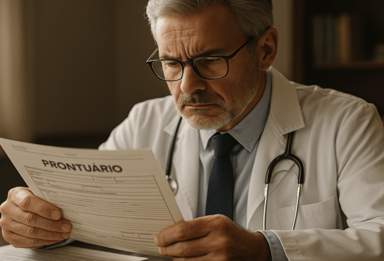 Médico experiente revisando prontuário com expressão séria, simbolizando os limites da responsabilidade médica na prática clínica.