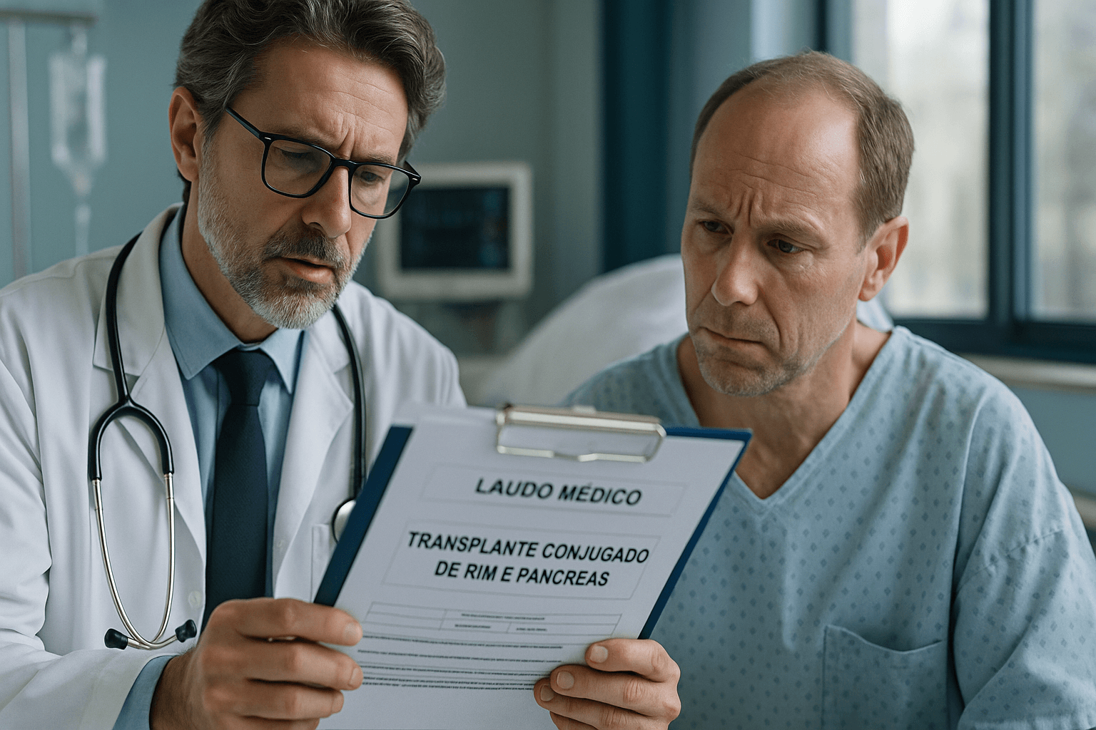 Médico analisando laudos ao lado de paciente em ambiente hospitalar, discutindo a necessidade de transplante conjugado de rim e pâncreas.