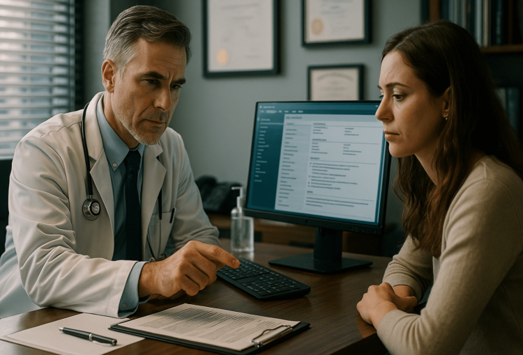 Médico experiente revisando prontuário com atenção em consultório moderno, ilustrando a diferença entre complicação médica e erro médico na prática clínica.