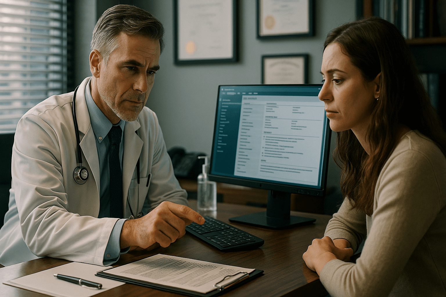 Médico experiente revisando prontuário com atenção em consultório moderno, ilustrando a diferença entre complicação médica e erro médico na prática clínica.