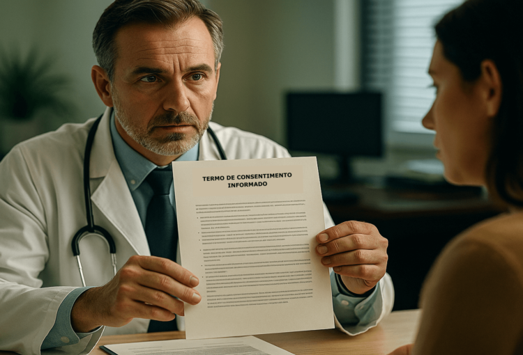 Médico entregando termo de consentimento informado a paciente em consultório, reforçando a importância da comunicação clara.