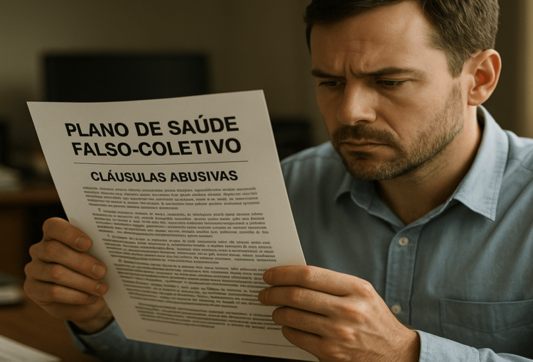 Consumidor segurando contrato de plano de saúde falso-coletivo com cláusulas abusivas destacadas.