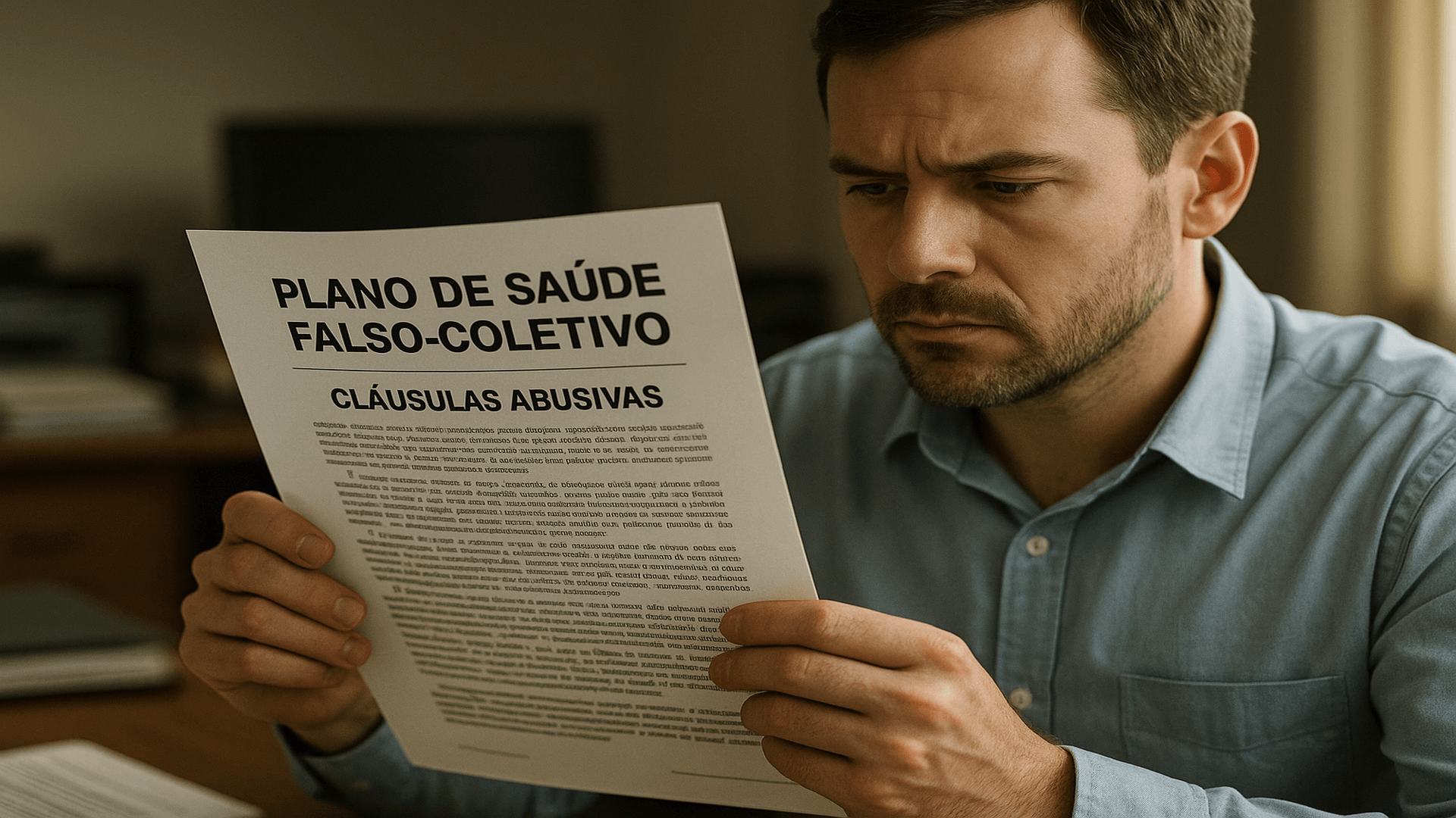 Consumidor segurando contrato de plano de saúde falso-coletivo com cláusulas abusivas destacadas.