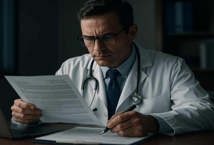 Médico revisando documentos no escritório para garantir a segurança jurídica clínica e conformidade com a LGPD.