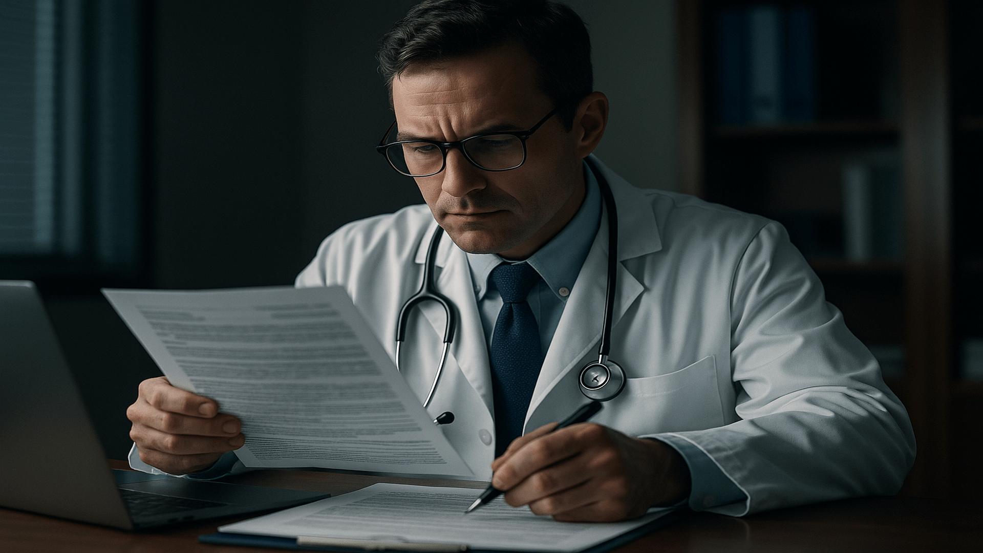 Médico revisando documentos no escritório para garantir a segurança jurídica clínica e conformidade com a LGPD.