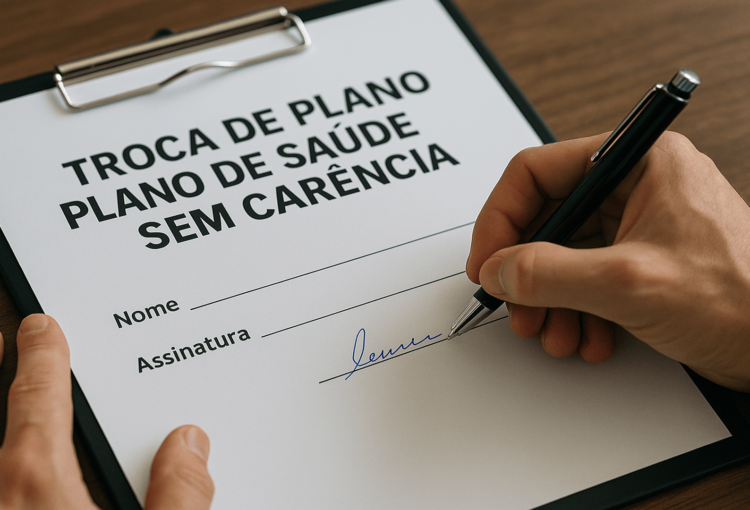Consumidor assinando contrato de plano de saúde após realizar troca de plano de saúde sem carência garantida pela legislação e ANS.