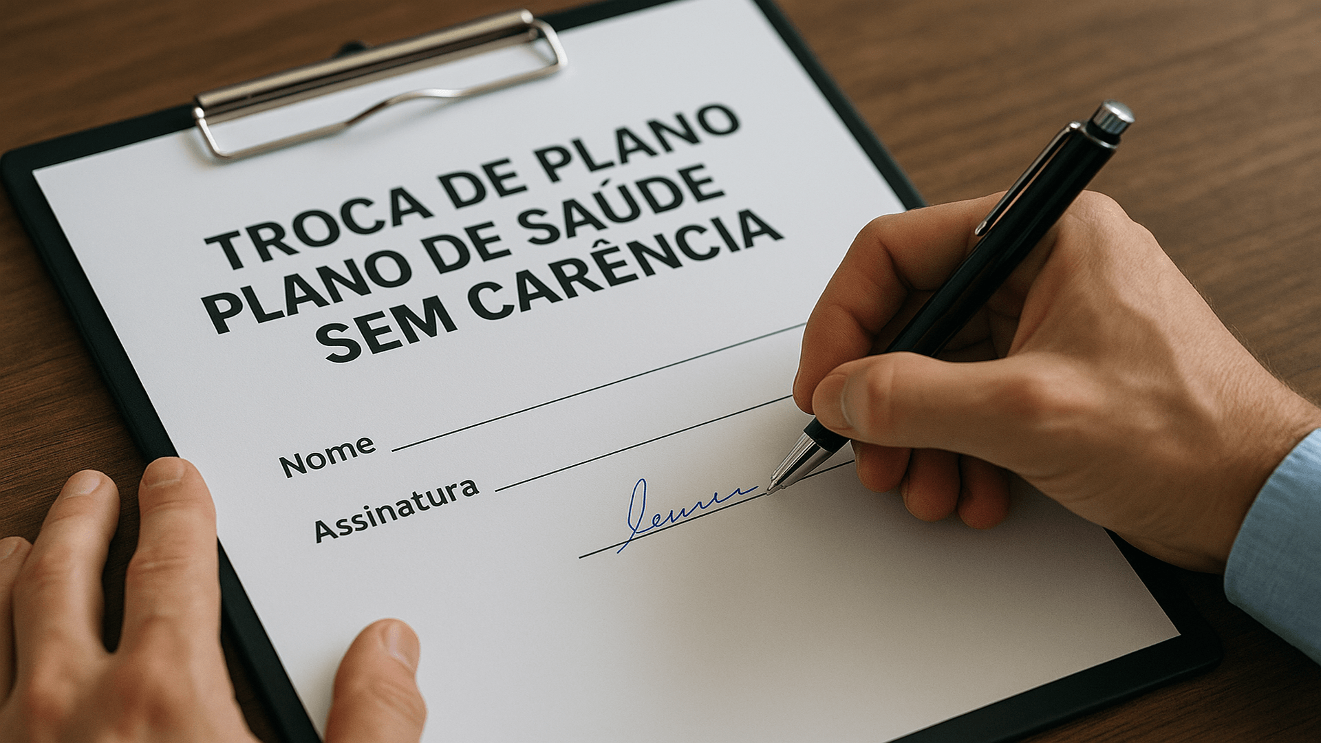 Consumidor assinando contrato de plano de saúde após realizar troca de plano de saúde sem carência garantida pela legislação e ANS.