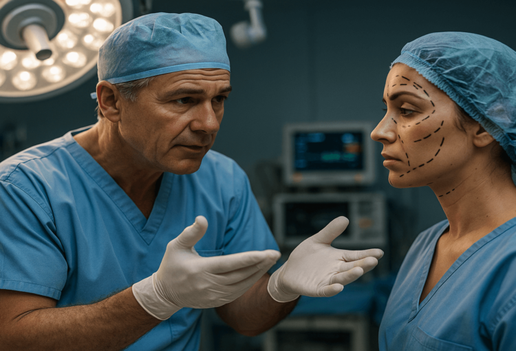 Médico plástico em sala de cirurgia explicando a paciente sobre os limites da cirurgia plástica e a diferença entre obrigação de meio e obrigação de resultado.