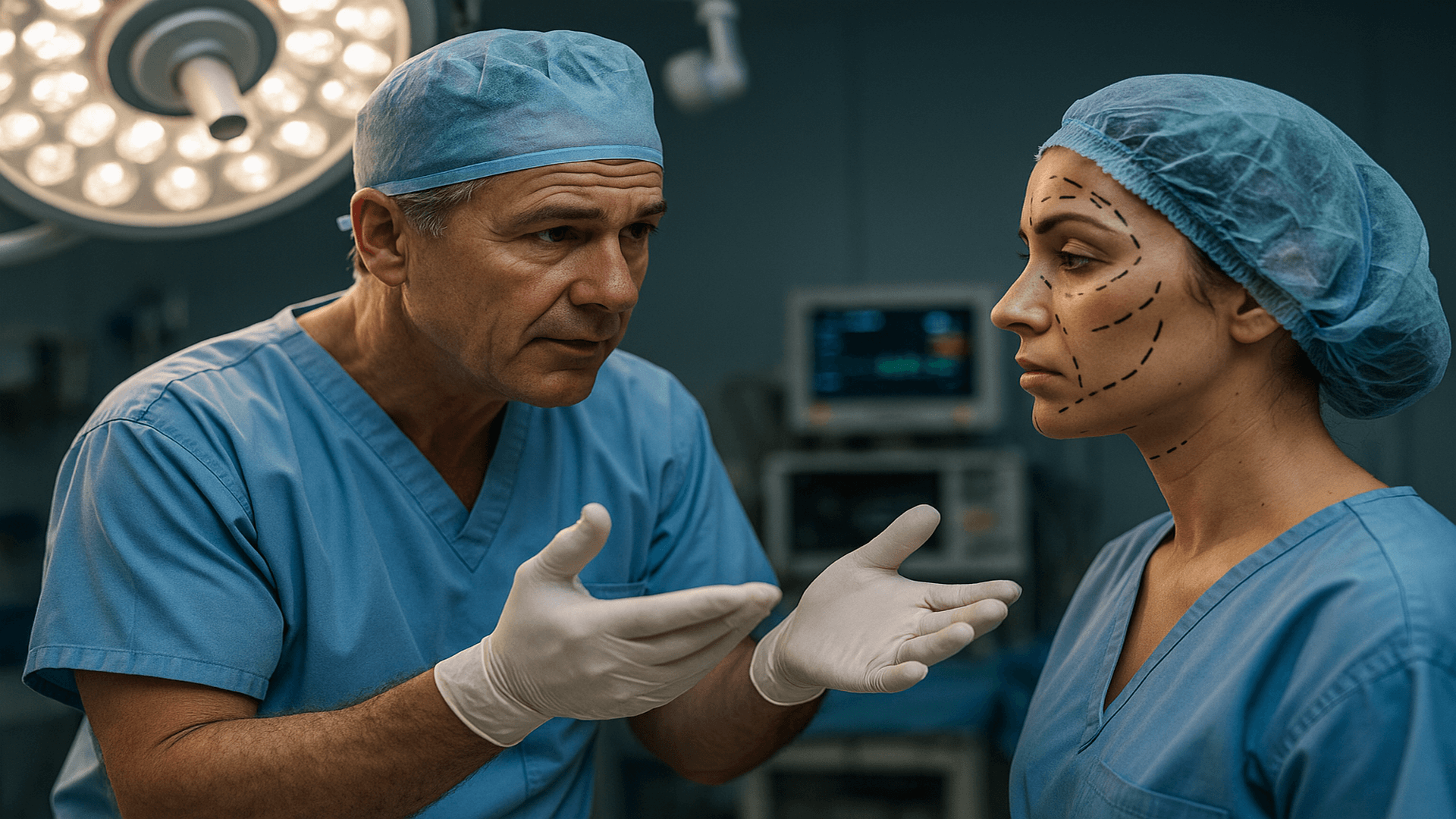 Médico plástico em sala de cirurgia explicando a paciente sobre os limites da cirurgia plástica e a diferença entre obrigação de meio e obrigação de resultado.