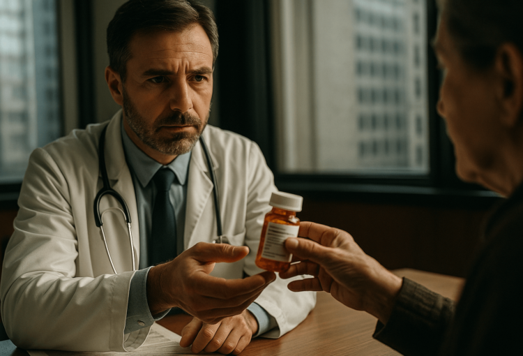 Médico entrega medicamento prescrito a paciente após decisão judicial que obriga plano de saúde a fornecer o tratamento.