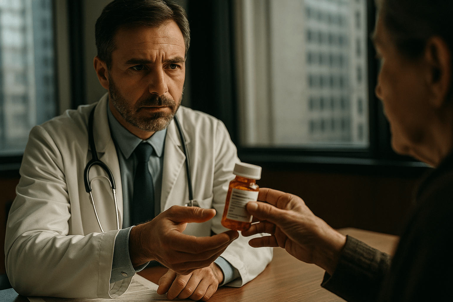 Médico entrega medicamento prescrito a paciente após decisão judicial que obriga plano de saúde a fornecer o tratamento.