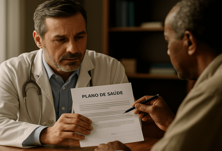 Paciente consulta contrato de plano de saúde com médico, ilustrando cobertura fora do rol da ANS.
