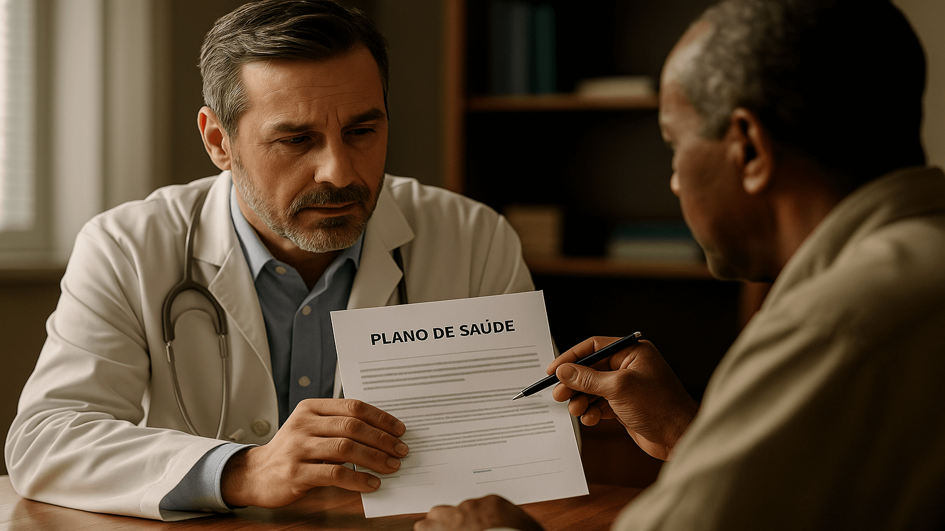Paciente consulta contrato de plano de saúde com médico, ilustrando cobertura fora do rol da ANS.