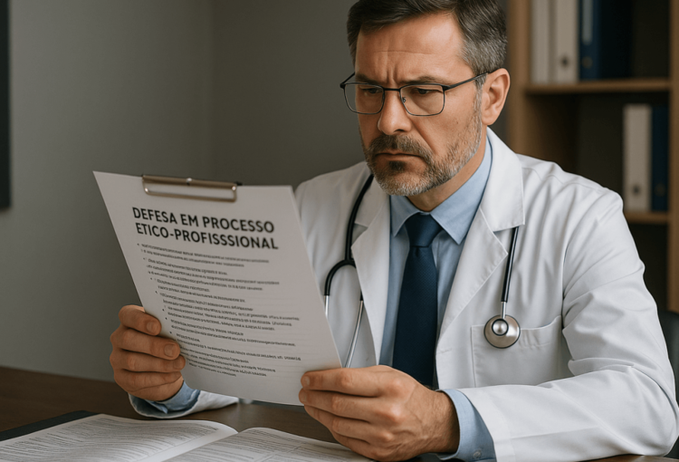 Médico revisando documentos jurídicos de defesa em processo ético-profissional em mesa de escritório.