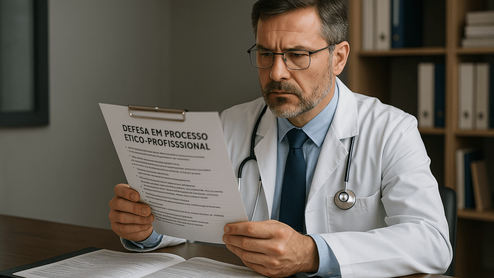 Médico revisando documentos jurídicos de defesa em processo ético-profissional em mesa de escritório.