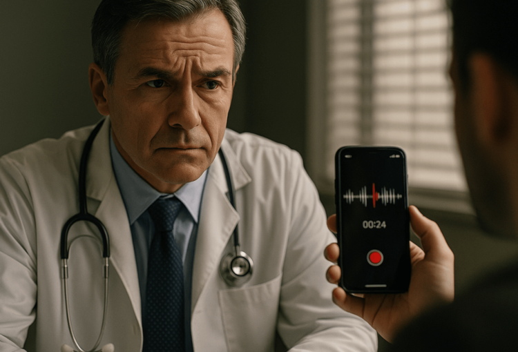 Paciente executa gravação de consulta médica em consultório, enquanto médico explica diagnóstico e orientações, destacando ética e direito.