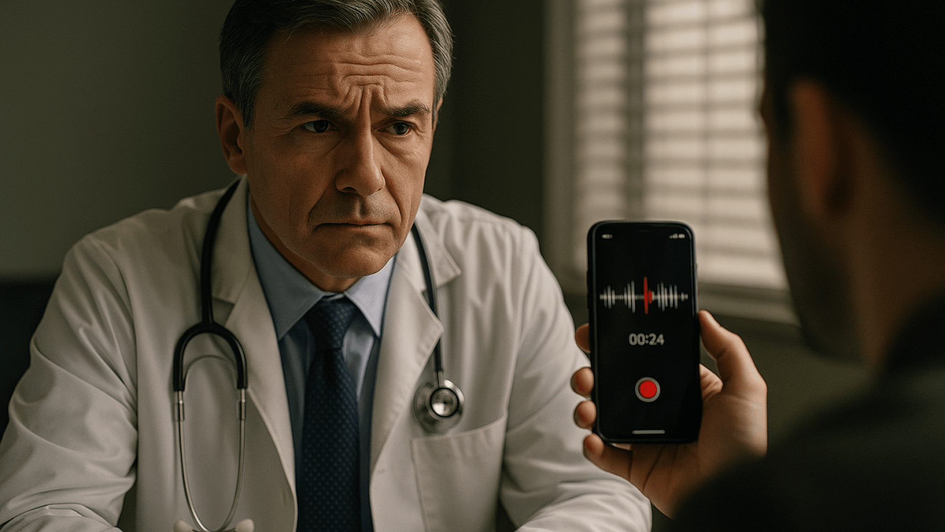Paciente executa gravação de consulta médica em consultório, enquanto médico explica diagnóstico e orientações, destacando ética e direito.