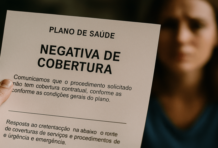 Documento em mãos de paciente com negativa de cobertura escrita por plano de saúde.