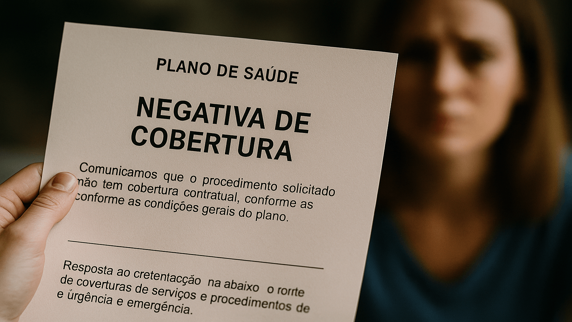 Documento em mãos de paciente com negativa de cobertura escrita por plano de saúde.