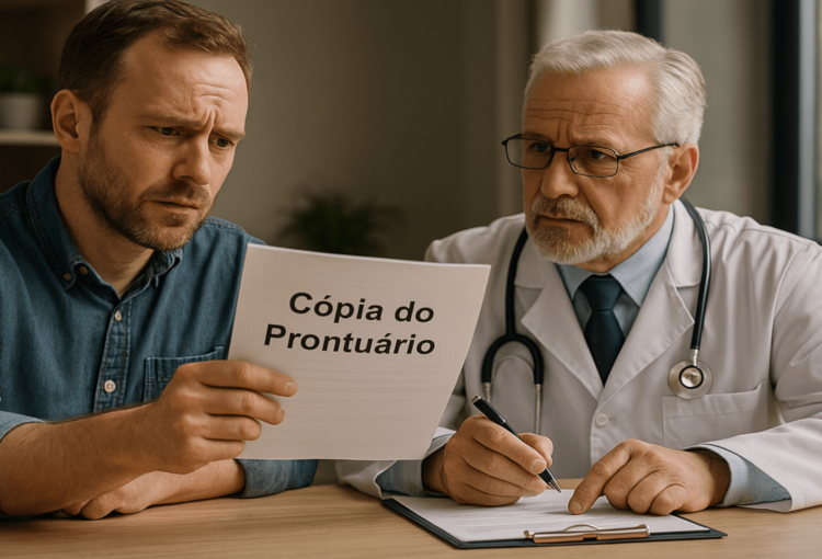 Paciente entrega documento com pedido do prontuário médico a profissional de saúde, em consultório, com expressão séria e ambiente clínico.
